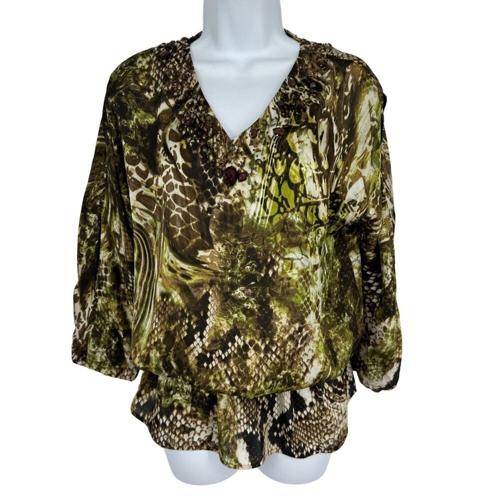 Chico's Women's Animal Print Embellished Elastic Waist Blouse Size 0 US S